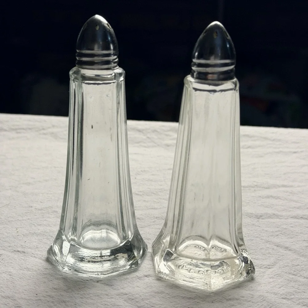 Vintage Salt And Pepper Shakers Clear Glass Tower Shape Octagon Base Metal Caps